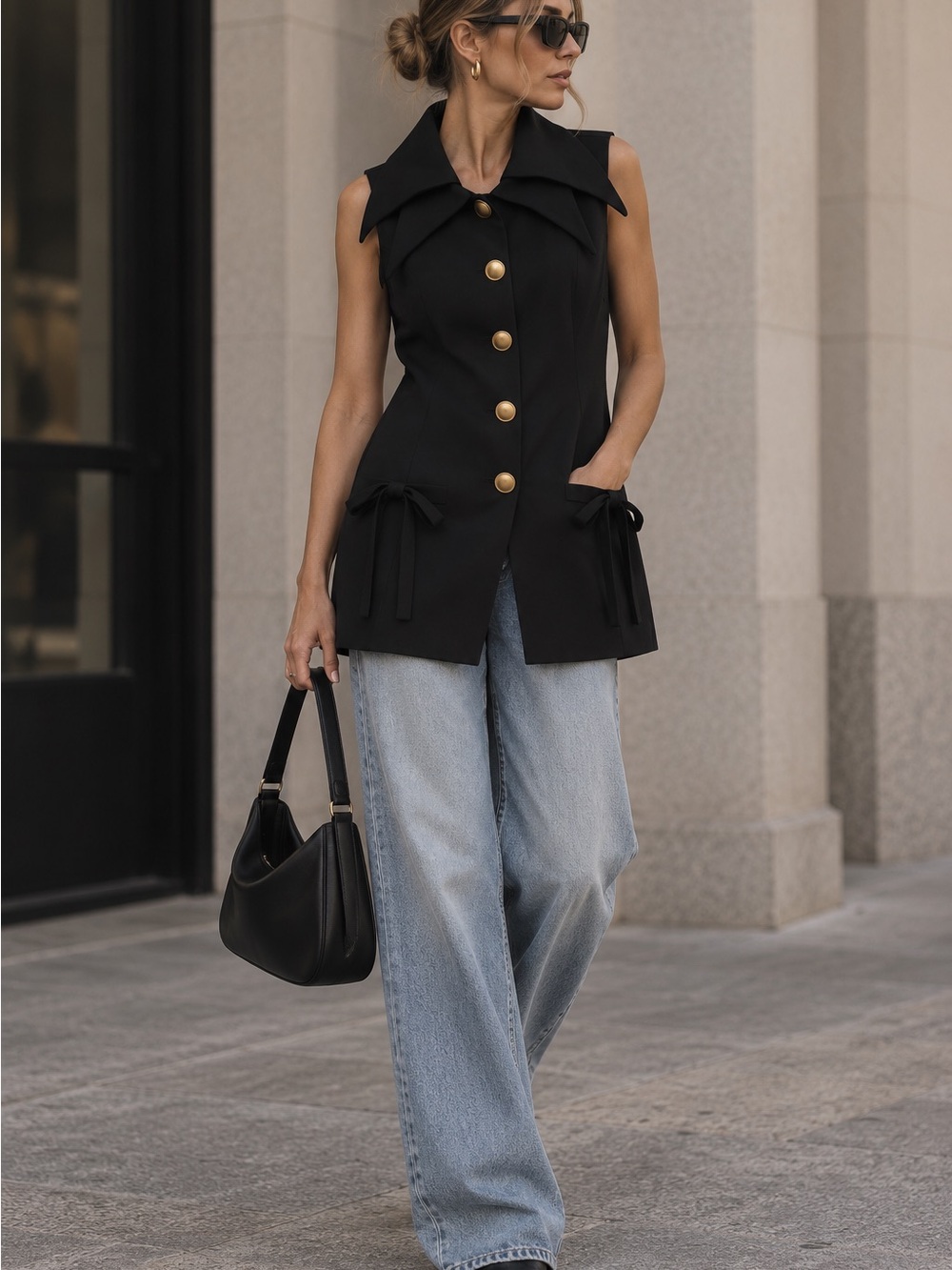 Vintage Marina Sitbon for Kamosho Paris Black Gold Button Bow Vest Tunic